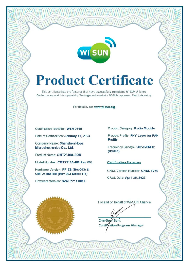 Микросхема беспроводного радиочастотного приемопередатчика CMT2310A HOPERF успешно прошла сертификацию Wi-SUN® Alliance PHY